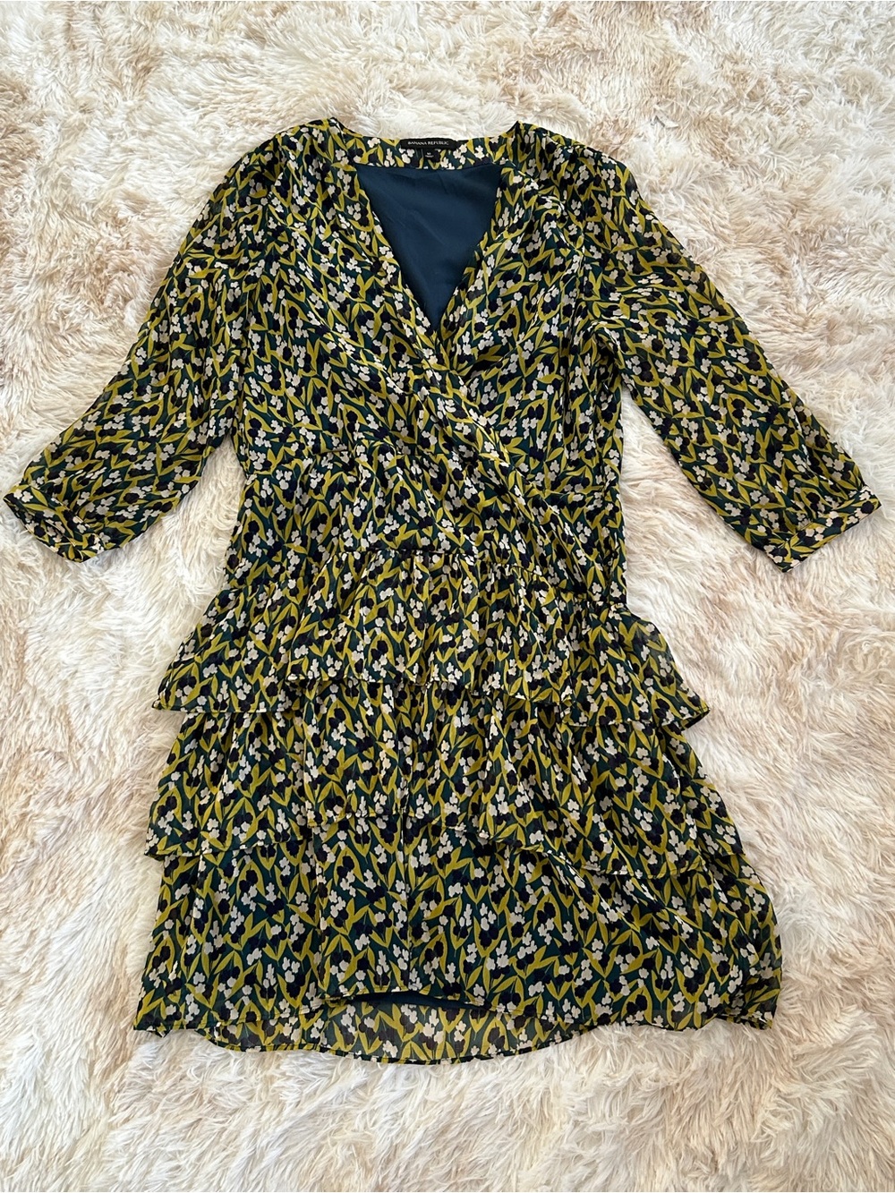 Banana Republic Olive and Black Printed Tiered Dress